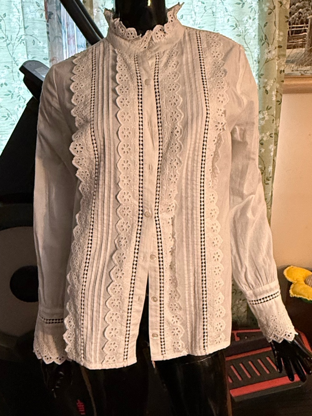 Women's White Lace-Trim Victorian Blouse